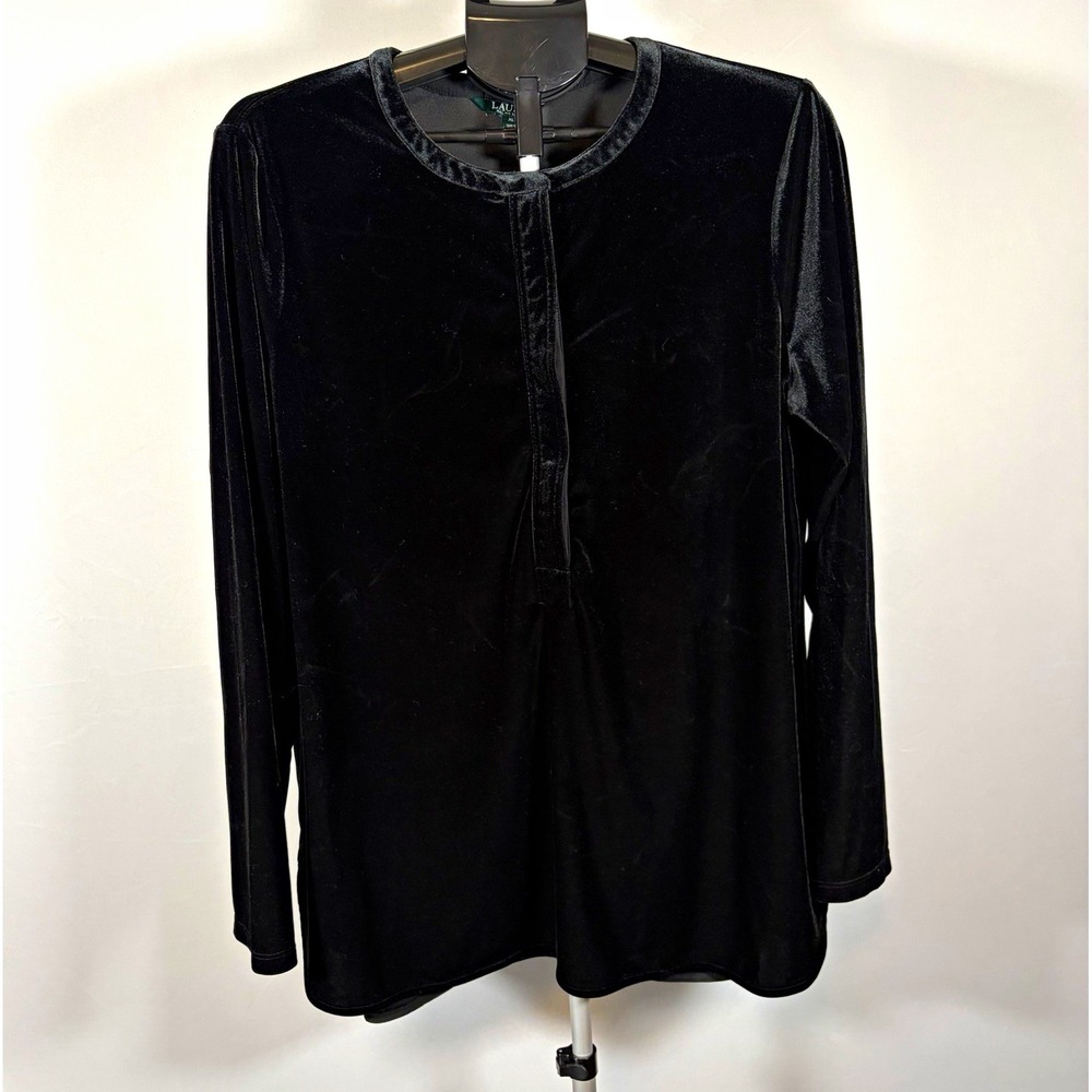 Lauren Ralph Lauren Womens XL Black Velour Long Sleeve Blouse Chic Preppy Indie